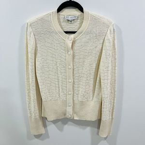 St John M Cashmere Cardigan Sweater White Animal Print Ribbed Long Sleeve Soft